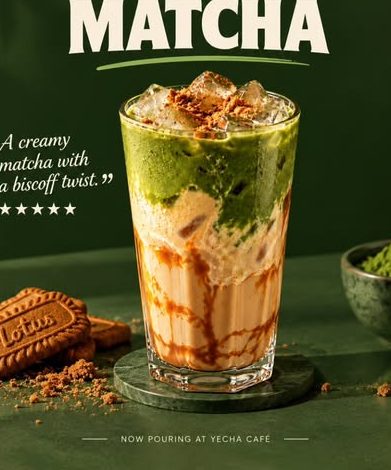 Yecha's Biscoff Matcha: iced matcha layered over milk with Lotus Biscoff
